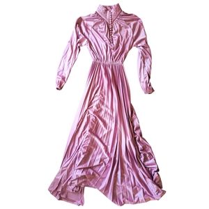 Vintage Victorian style high neck fuchsia pink pleated maxi dress
